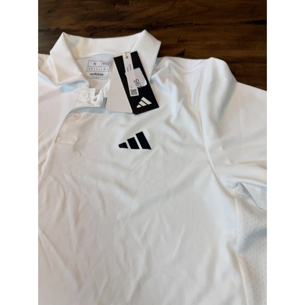Adidas Mens White Golf Polo Shirt 3-Stripe Performance Short Sleeve Size M NEW